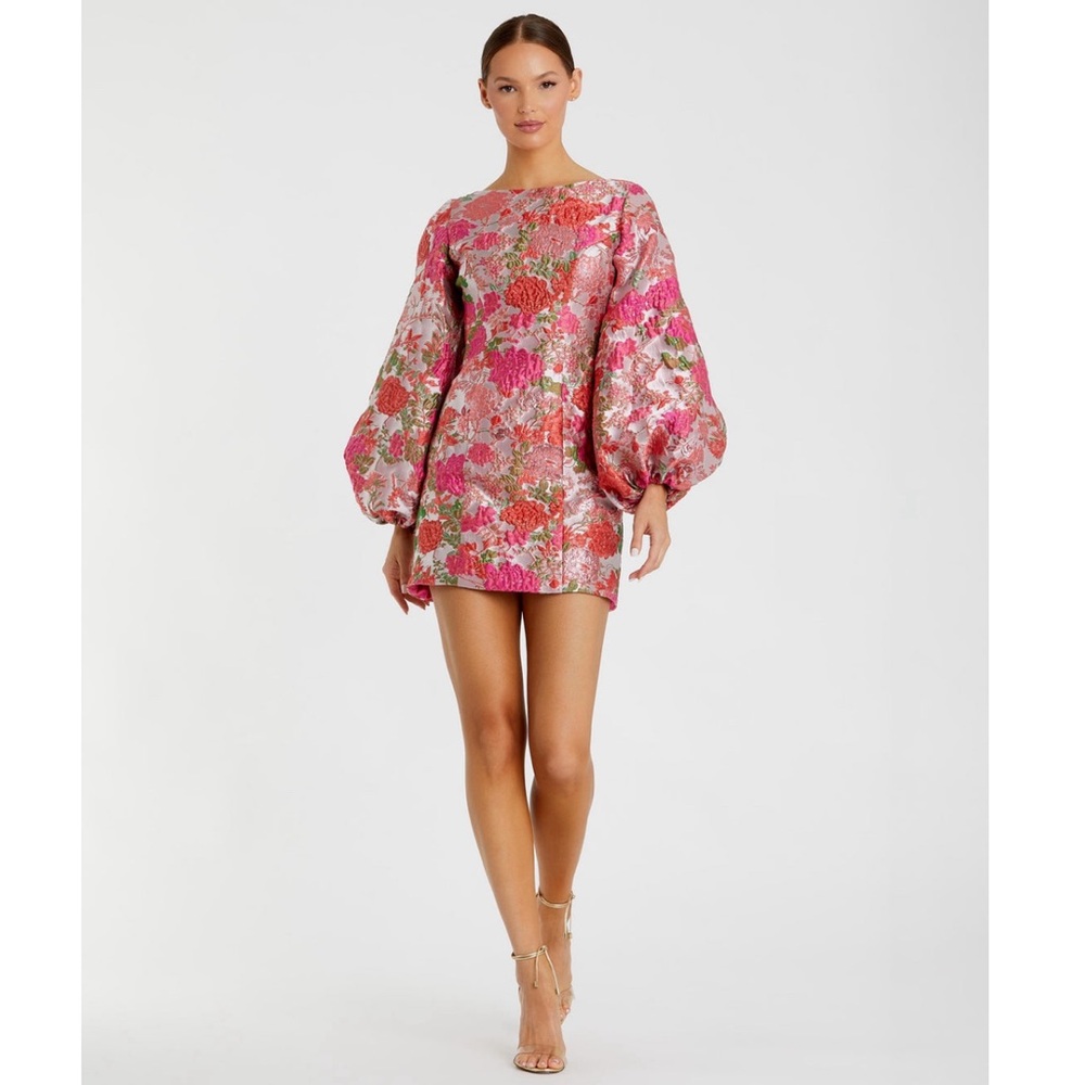 Mac Duggal by Ieena Pink Floral Brocade Balloon Sleeve Mini Dress - Picture 8 of 16